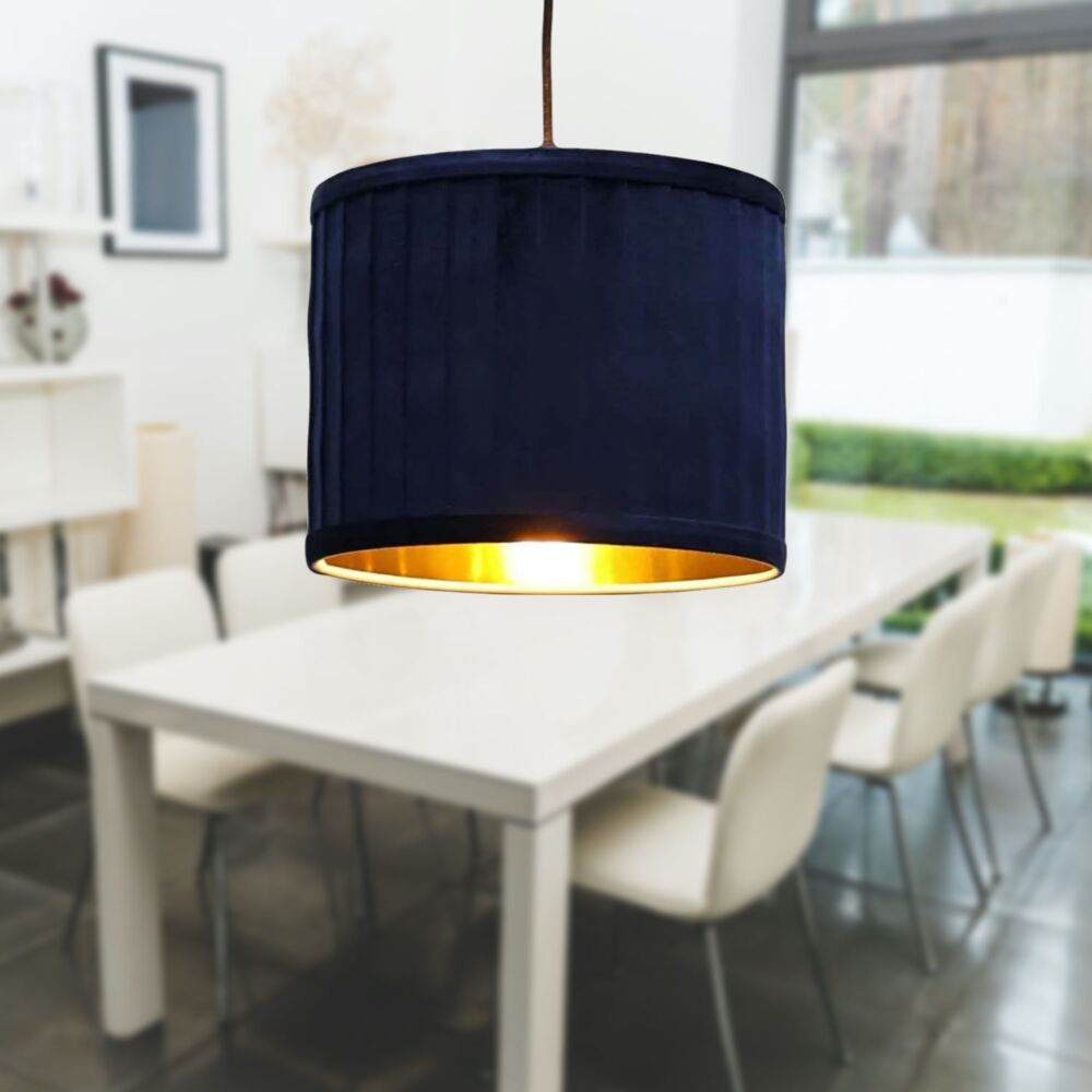 Sundance Navy Blue Velvet Pleated 25cm Lamp Shade with Gold Inner