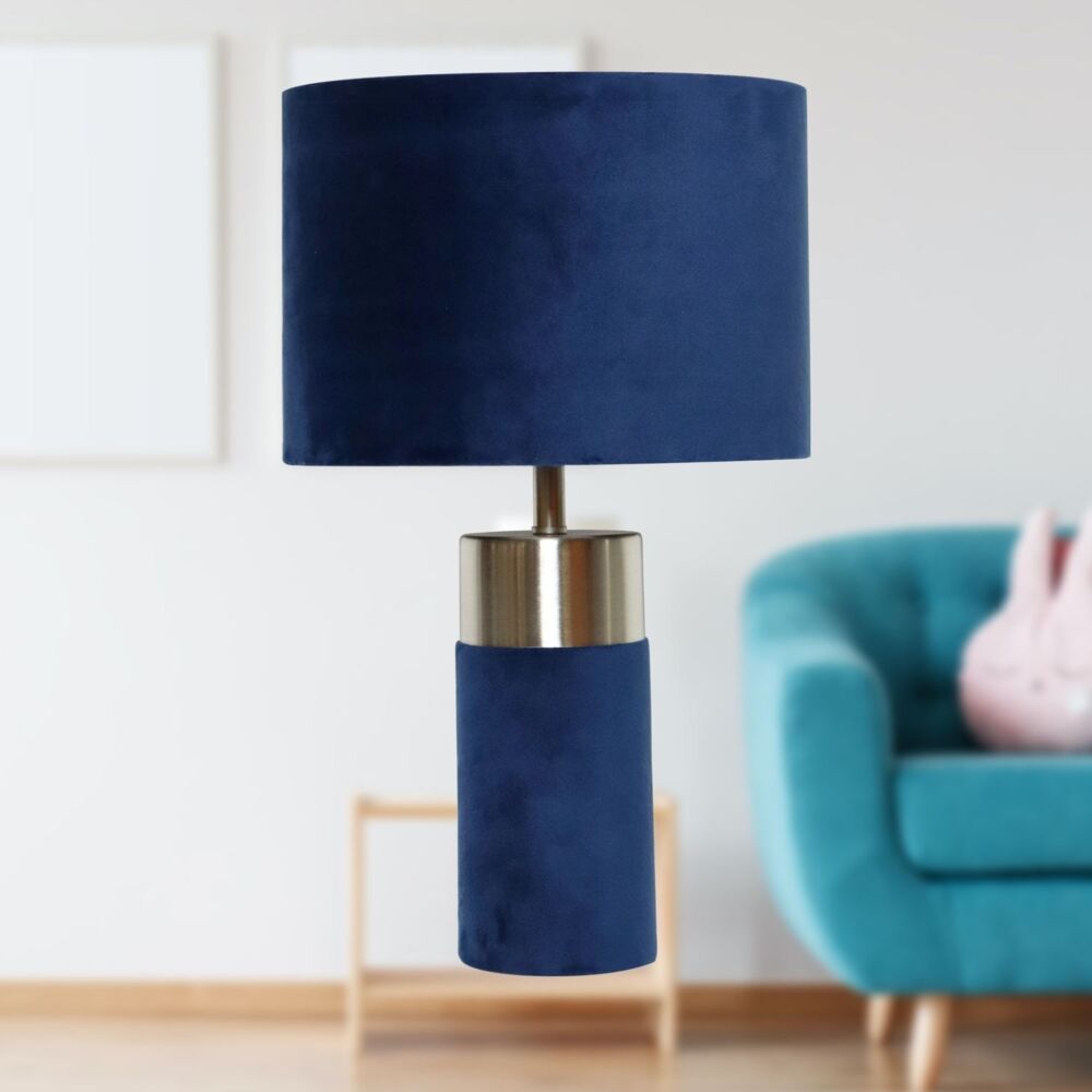 Navy Blue Velvet with Satin Chrome Detail Table Lamp