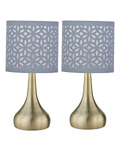 Set of 2 Romana - Antique Brass Touch Operated Table Lamps Bedside Lights Grey Laser Cut Shade