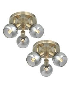 Set of 2 Naomi - Antique Brass with Smoked Glass 3 Light Ceiling Spotlights