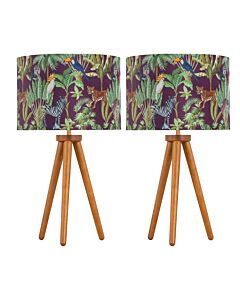 Set of 2 Dark Oak Table Lamp or Bedside Lights with Safari Shades
