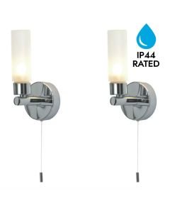 Set of 2 Polished Chrome IP44 Bathroom Wall Light With Pull Cord Switch