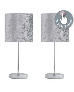 Set of 2 Chrome Touch Operated Table Lamp with Grey Crushed Velvet Shades