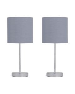 Set of 2 Chrome Stick Table Lamps with Grey Cotton Shades
