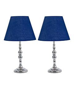 Set of 2 Chrome Table Lamps with Decorative Stem and Navy Blue Shades