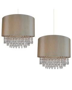 2 x Modern Soft Gold Ceiling Light Pendant Shades w/ Matching Inner & Clear Droplet Beads