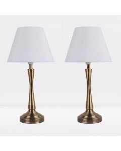 Set of 2 Antique Brass Plated Bedside Table Light with Curved Column White Fabric Shade