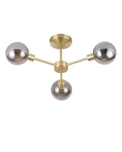 Toner - Satin Brass with Smoke Glass Globes 3 Light Flush Ceiling Light