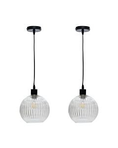 Set of 2 Betchley - Clear Ribbed Glass Globe with Black Pendant Fittings