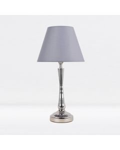 Chrome Plated Bedside Table Light with Curved Column Grey Fabric Shade