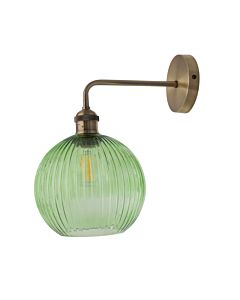 Isaac - Antique Brass Wall Light with Green Ribbed Glass Shade
