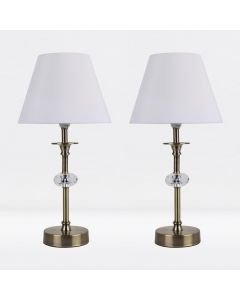 Set of 2 Antique Brass Plated Stacked Bedside Table Light with Faceted Detail White Fabric Shade