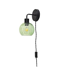 Toby - Black Plug in Wall Light with Betchley Green Ribbed Shade