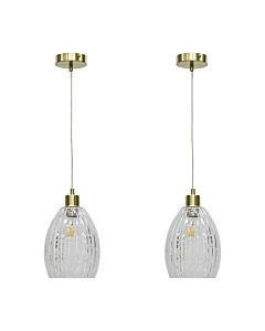 Set of 2 Birch - Clear Fluted Glass with Satin Brass Pendant Fittings