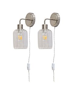 Set of 2 Toby - Satin Nickel Plug in Wall Lights Ribbed Glass Shades