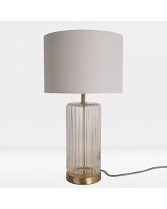 Fluted Design Table Lamp Finished in Clear Glass and Bronze Effect Colour with Ivory Woven Cylinder Fabric Shade
