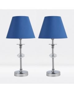 Set of 2 Chrome Plated Stacked Bedside Table Light Faceted Acrylic Detail Blue Fabric Shade