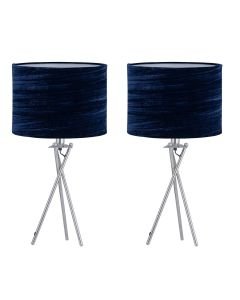 Set of 2 Chrome Tripod Table Lamps with Navy Blue Crushed Velvet Shades