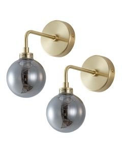 Set of 2 Toner - Satin Brass with Smoked Glass Globe Wall Lights