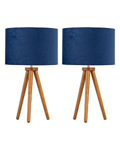 Set of 2 Dark Oak Table Lamp or Bedside Lights with Blue Velvet Shades
