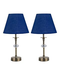 Set of 2 Antique Brass Lamps with Facet Detail and Navy Blue Shades
