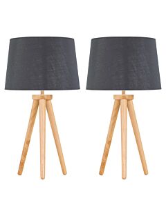 Set of 2 Light Oak Table Lamp or Bedside Lights with Grey Silver Shade