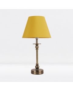 Antique Brass Plated Bedside Table Light with Ball Detail Column Ochre Fabric Shade