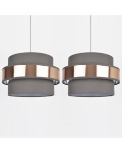 Set of 2 Easy Fit 2 Tier Grey Fabric & Brushed Copper Plated Banded Ceiling Shade