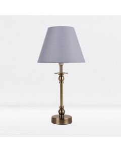 Antique Brass Plated Bedside Table Light with Ball Detail Column and Grey Fabric Shade