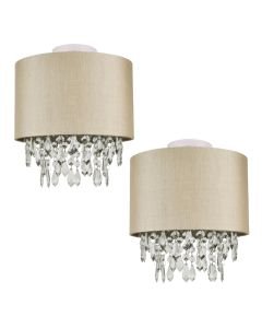 Set of 2 Pale Gold 250mm Ceiling Flush Shade with Matching Inner and Clear Droplets