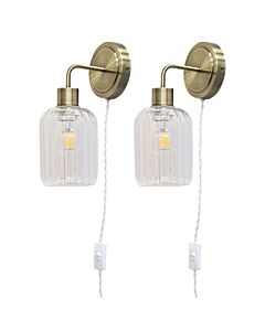 Set of 2 Toby - Antique Brass Plug in Wall Lights Ribbed Glass Shades