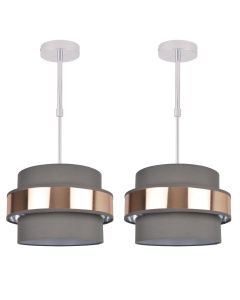 Pair of 2 Tier Grey Fabric & Brushed Copper Plated Banded Ceiling Adjustable Flush Shade