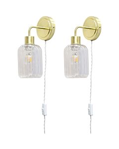 Set of 2 Toby - Satin Brass Plug in Wall Lights Ribbed Glass Shades