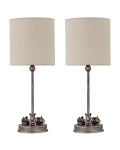 Set of 2 Maurice - Antique Gold Mouse Table Lamps With Oatmeal Linen Shade