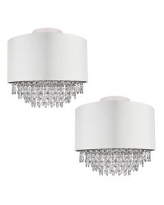 Set of 2 400mm Cream Faux Silk Ceiling Flush Shade with Chrome Inner and Clear Droplets