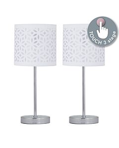 Set of 2 Chrome Touch Operated Table Lamps with White Cut Out Shades