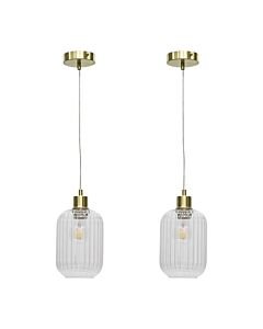 Set of 2 Batley - Clear Ribbed Glass with Satin Brass Pendant Fittings