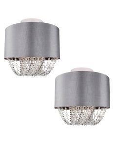 Set of 2 Large 40cm Grey Fabric Ceiling Flush With Beaded Diffuser