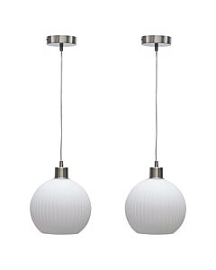 Set of 2 Betchley - White Ribbed Glass Globe with Satin Nickel Pendant Fittings