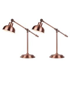 Set of 2 Antique Brushed Copper Lever Arm Table Lamps