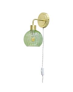 Toby - Satin Brass Plug in Wall Light with Betchley Green Ribbed Shade