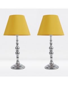 Set of 2 Chrome Plated Bedside Table Light with Candle Column Ochre Fabric Shade