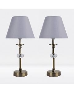Set of 2 Antique Brass Plated Stacked Bedside Table Light Faceted Detail Grey Fabric Shade