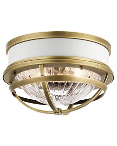 Quintiesse - Tollis - QN-TOLLIS-F-NBR - Natural Brass White Clear Ribbed Glass 2 Light Flush Ceiling Light