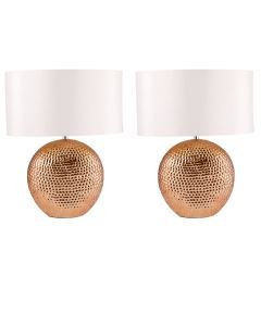 Set of 2 Dimpled Textured Oval Copper Plated Ceramic Bedside Table Light Base with White Faux Silk Oval Fabric Shade