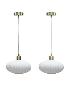 Set of 2 Baton - White Ribbed Oval Glass with Satin Brass Pendant Fittings