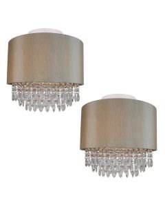 Set of 2 Large 350mm Soft Gold Ceiling Flush Shade with Matching Inner and Clear Droplets