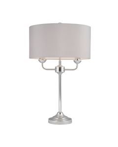 Polished Chrome Twin Arm Table Lamp with Grey Cotton Shade