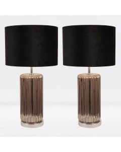 Set of 2 Chrome Smoke Fluted Glass Lamps with Black Velvet Shades