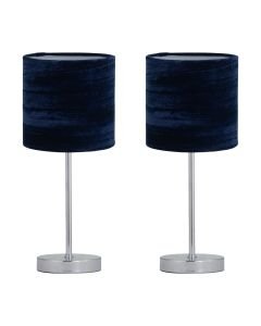 Set of 2 Chrome Stick Table Lamps with Navy Blue Crushed Velvet Shades